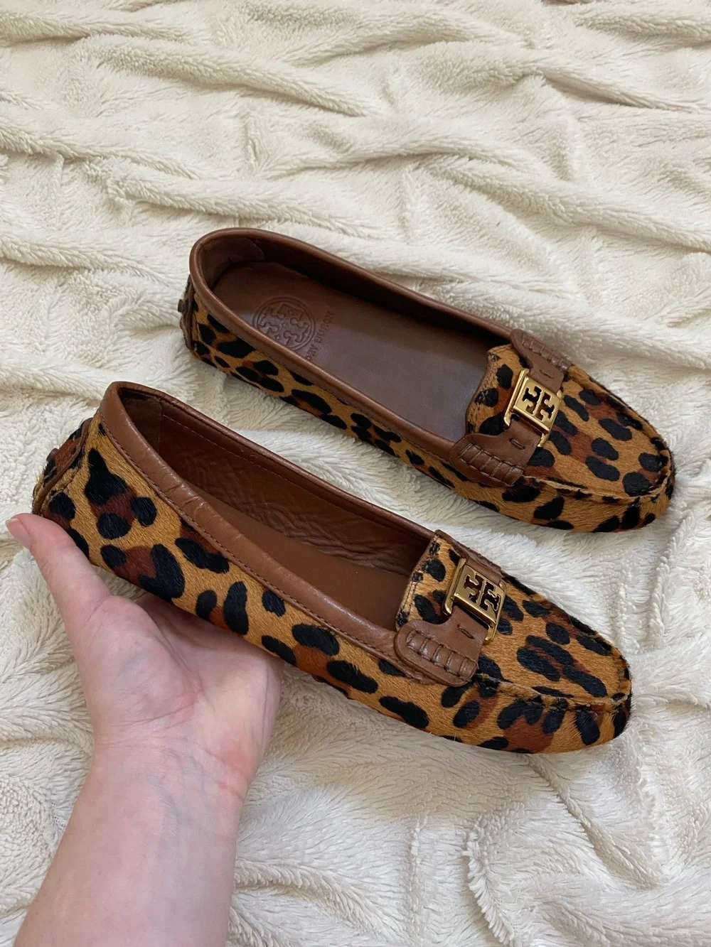 NWOT Tory Burch Kendrick calf hair driving loafers leopard print Sz 8M